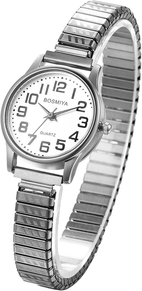 Dameshorloge met Elastische Band - Grote Arabische Cijfers - Quartz Analoog Polshorloge - RVS Look