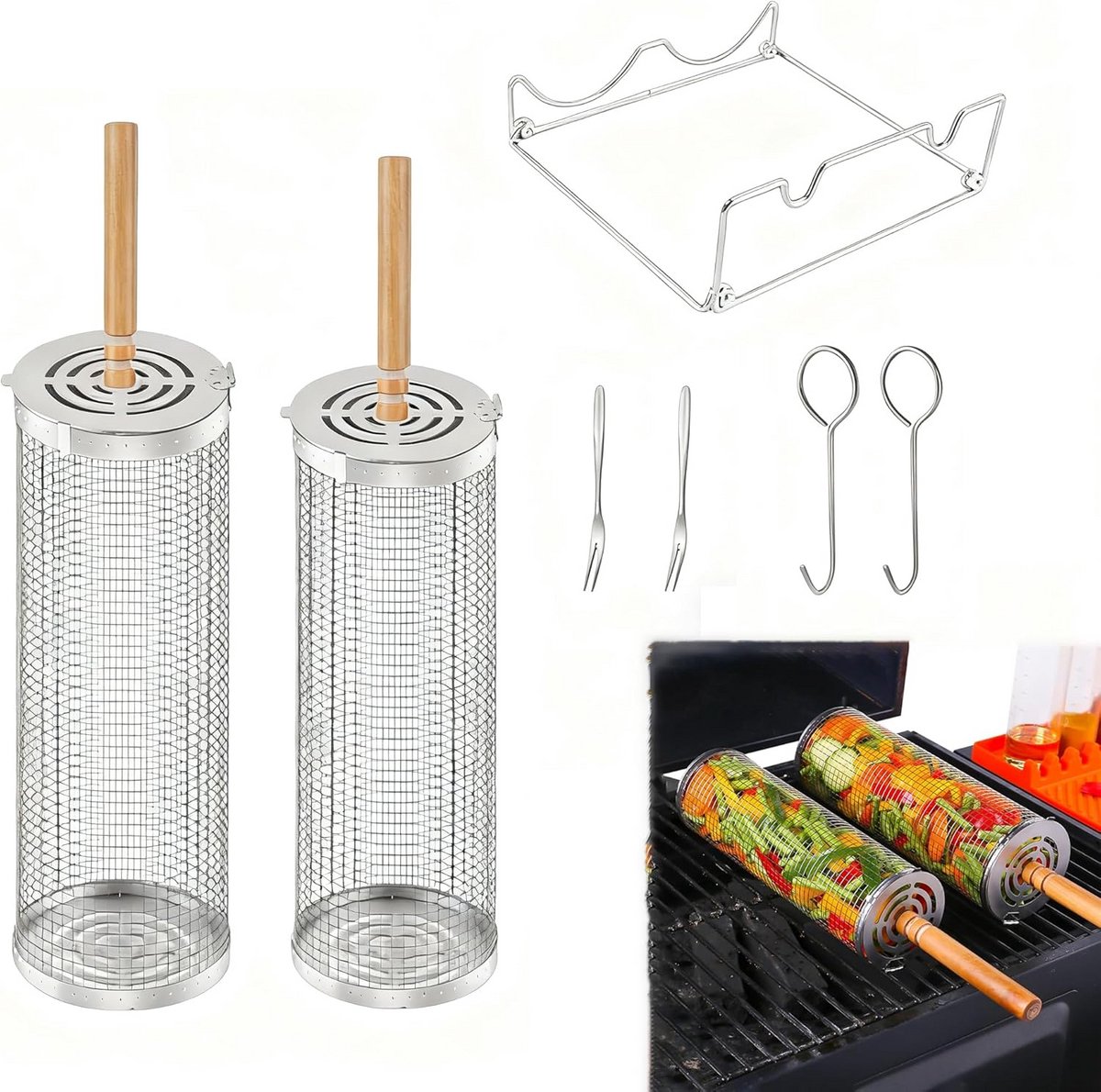 2x Nestelbare Grillmanden Set - RVS Rolbaar Vis- & Groentenrooster voor Barbecue en Camping