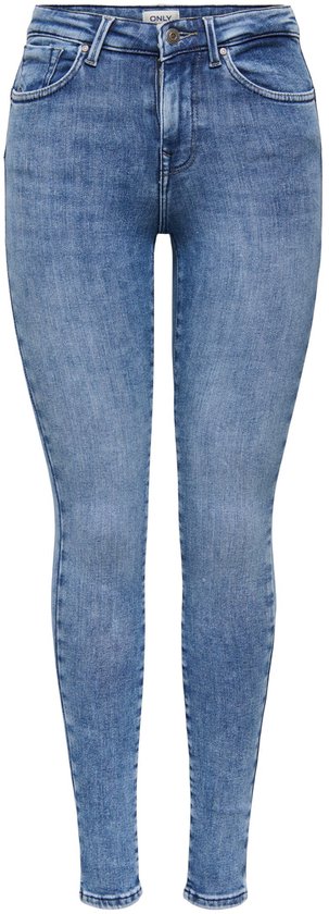 Studiofoto van een spijkerbroek met lichte wassing, skinny fit, met knoop- en ritssluiting.