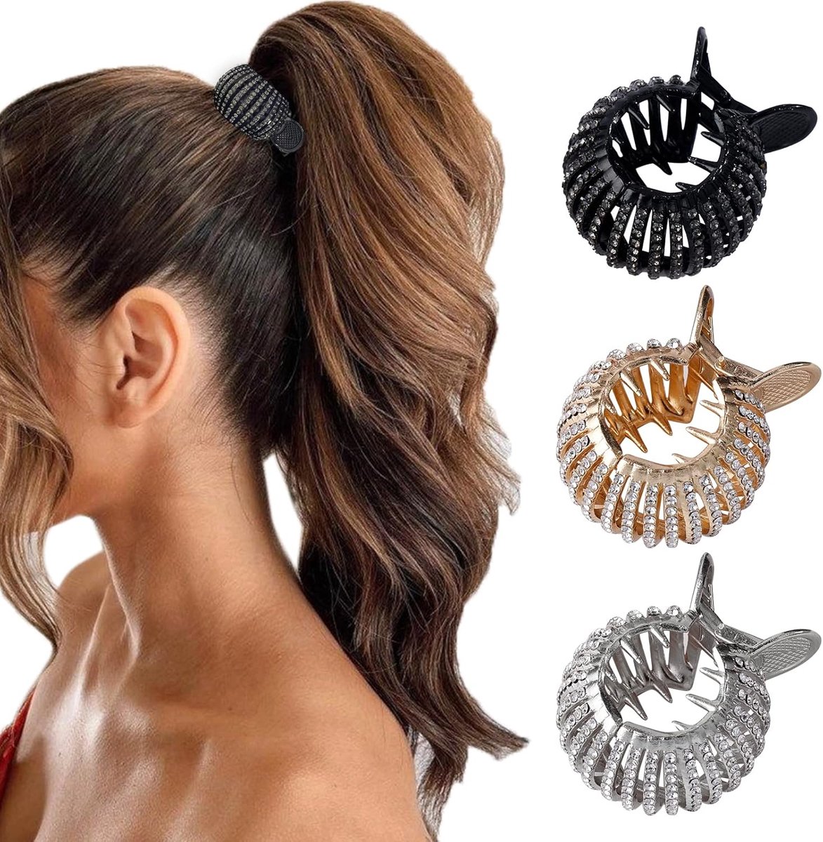 Set van 3 Glanzende Kleine Haarclips met Strass voor Dames - Ideaal voor Dik en Lang Haar