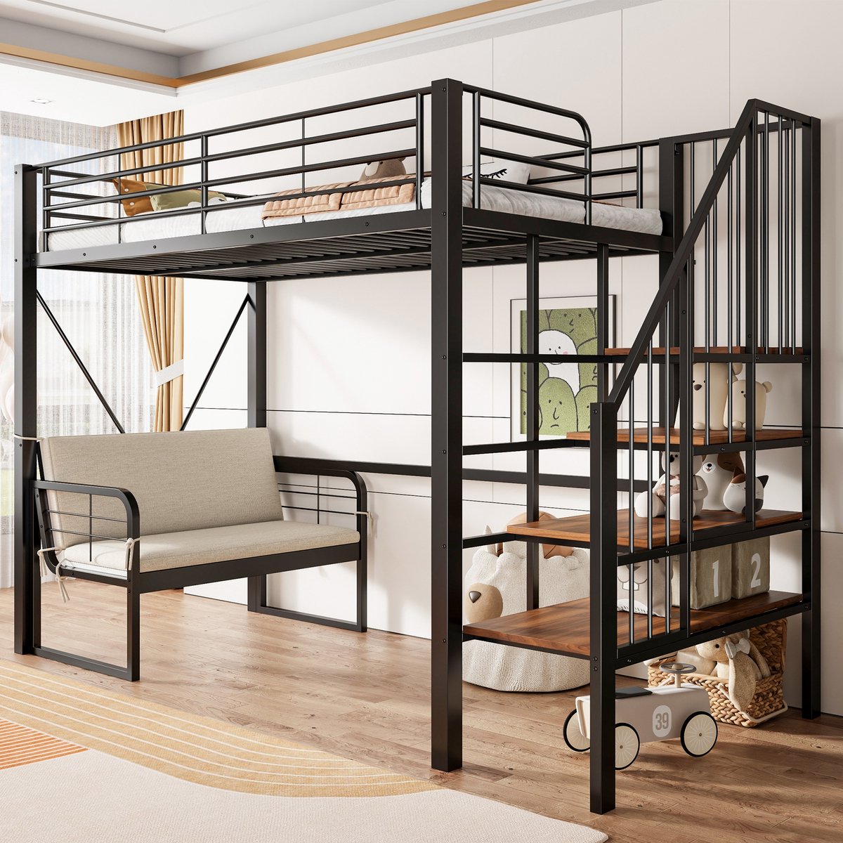 Sweiko Hoogslaper - 90 x 200 cm - Metalen frame - Met gestoffeerde bank - Kinderbed - Zwart