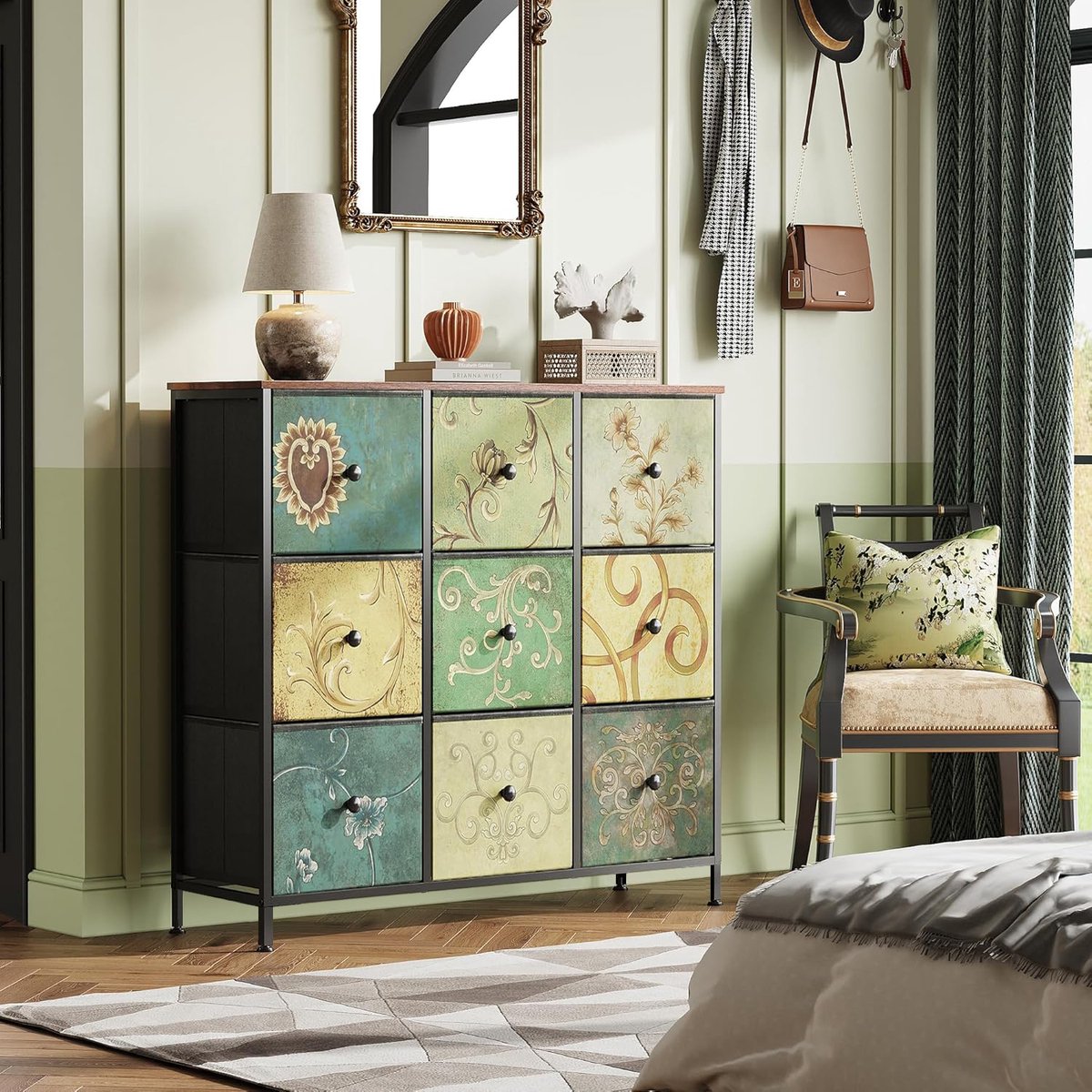 Ladekast met 9 Lades – Industrieel Opbergkast met Stoffen Lades en Metalen Frame – Walnoot Look