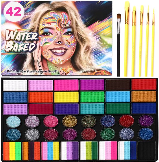 Schminkset - 42 Kleuren - Waterbasis - Incl. 6 Penselen & Sjablonen - Hét Ideale Koningsdag & Festival Cadeau - Veilig voor Kind & Volwassenen