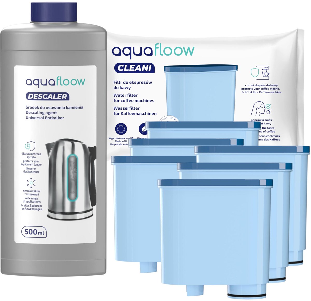 AquaFloow 6x Waterfilter voor Philips/Saeco Koffiemachine – Vervanging voor AquaClean CA6903/00 en CA6903/10 – met Ontkalker 500 ml