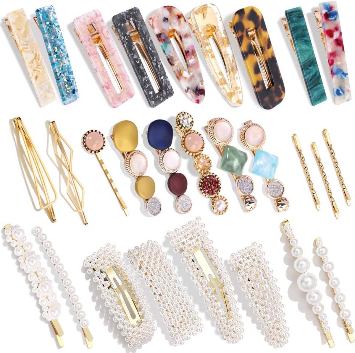 28x Elegante Haarspeldjes Set - Parel, Marmer & Glitter Krokodillenklemmen Voor Dames