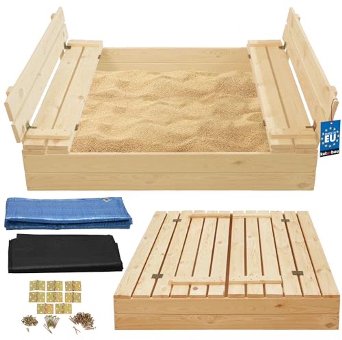 KOTARBAU® Houten Zandbak, 120 x 120 cm, Natuurlijk, Zandbak met Deksel, en Bankjes, Met Grondzeil, Buitenspeelgoed