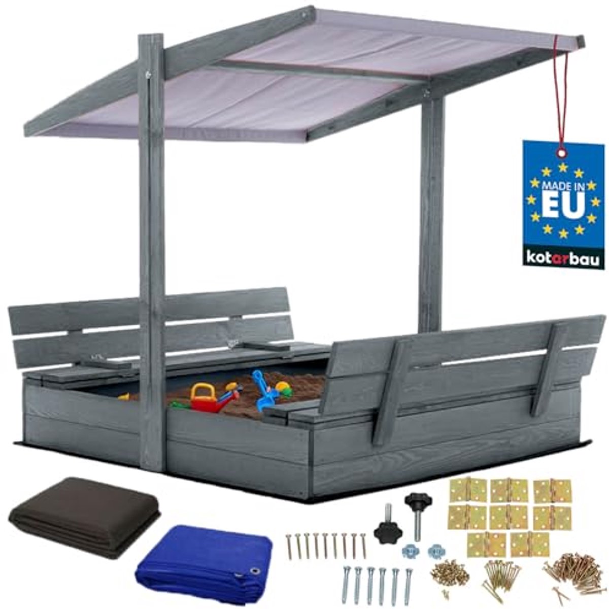 KOTARBAU® Houten Zandbak, 120 x 120 cm, Grijs, Zandbak met Bankjes, met Grijs Dak, en Grondzeil, voor Tuin, Buitenspeelgoed