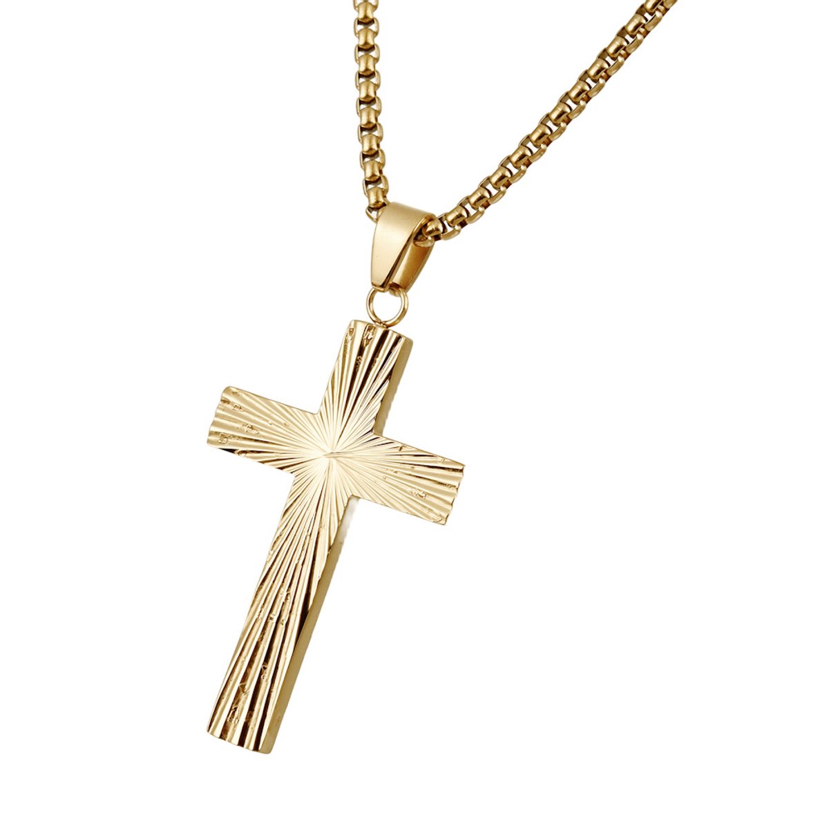 Decopatent - RVS Kruis Ketting met schakel ketting - Goudkleurige Kruishanger - Christelijke Ketting voor Heren & Dames - 60 Cm - Stijlvolle RVS Halsketting