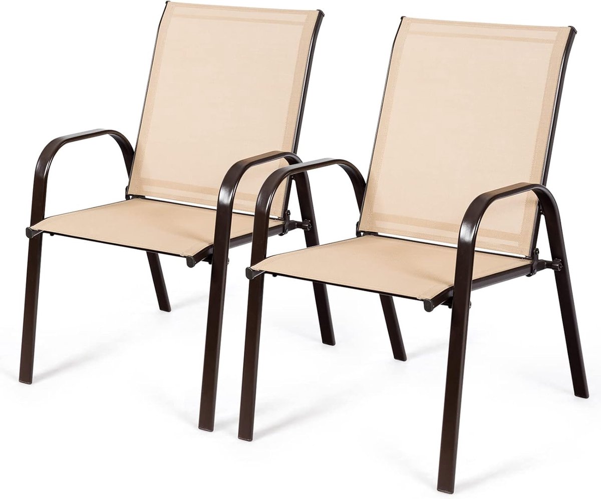 KOMFOTTEU Set van 2 tuinstoelen, balkonstoelen met armleuningen en hoge rugleuning, terrasstoelen met metalen frame, eetstoelen voor patio, terras