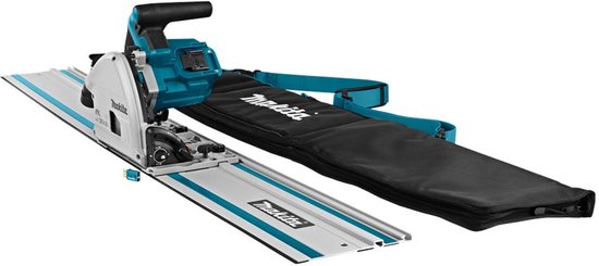 Makita invalcirkelzaag (DSP601ZJU2) met geleiderail en draagtas, in turquoise en grijs.