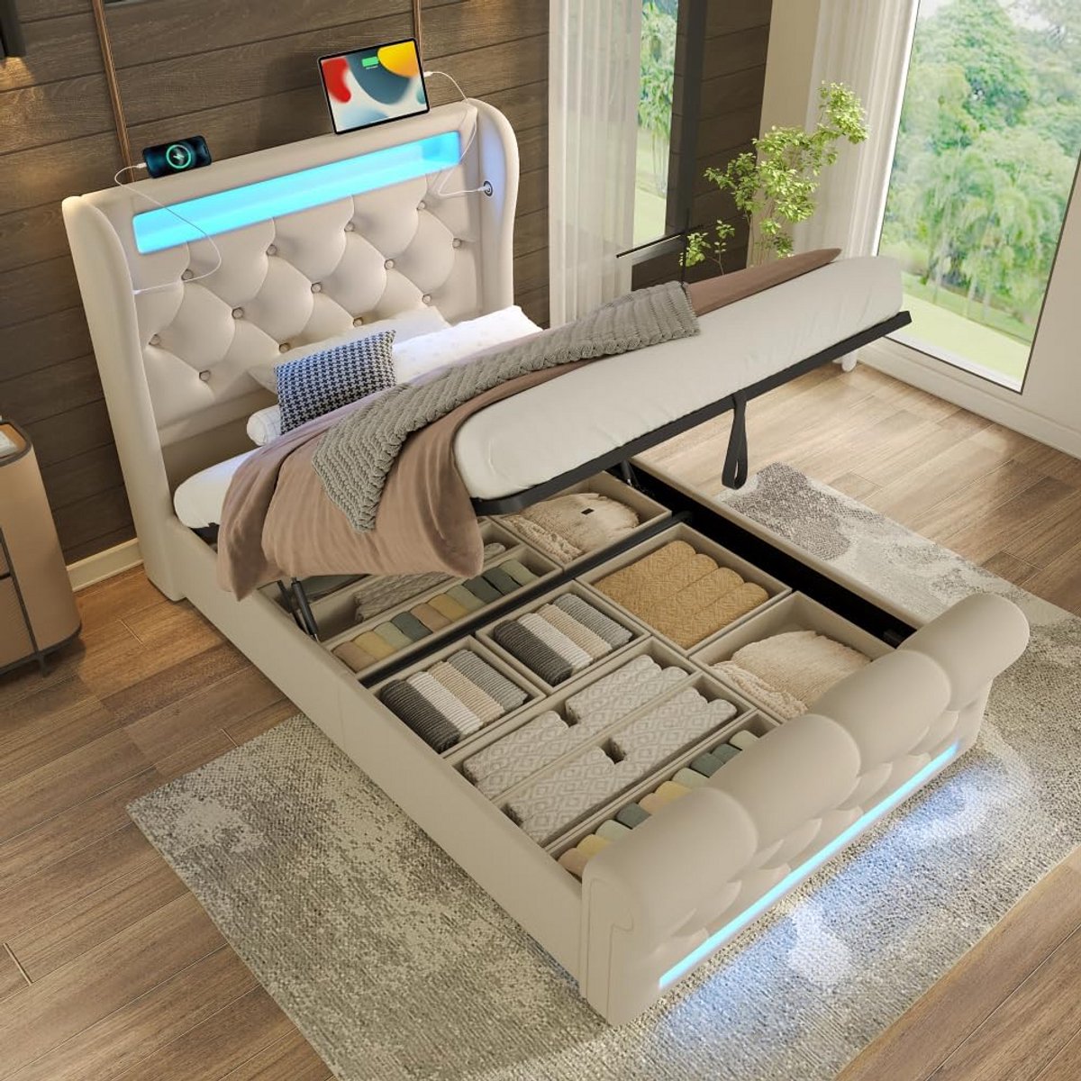 Eenpersoonsbed 90x200 met opbergruimte, USB-C en LED-verlichting