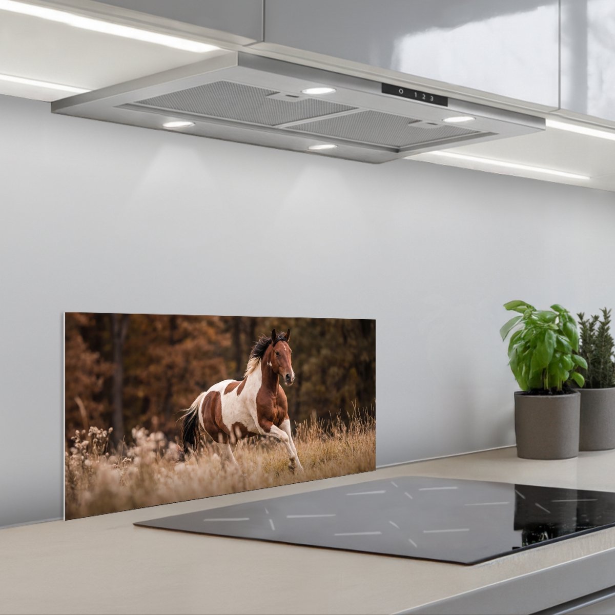 Spatscherm 70x30 cm - Zelfklevende achterwand Paard - Bruin - Gras - Keuken muurbeschermer - Spatwand fornuis
