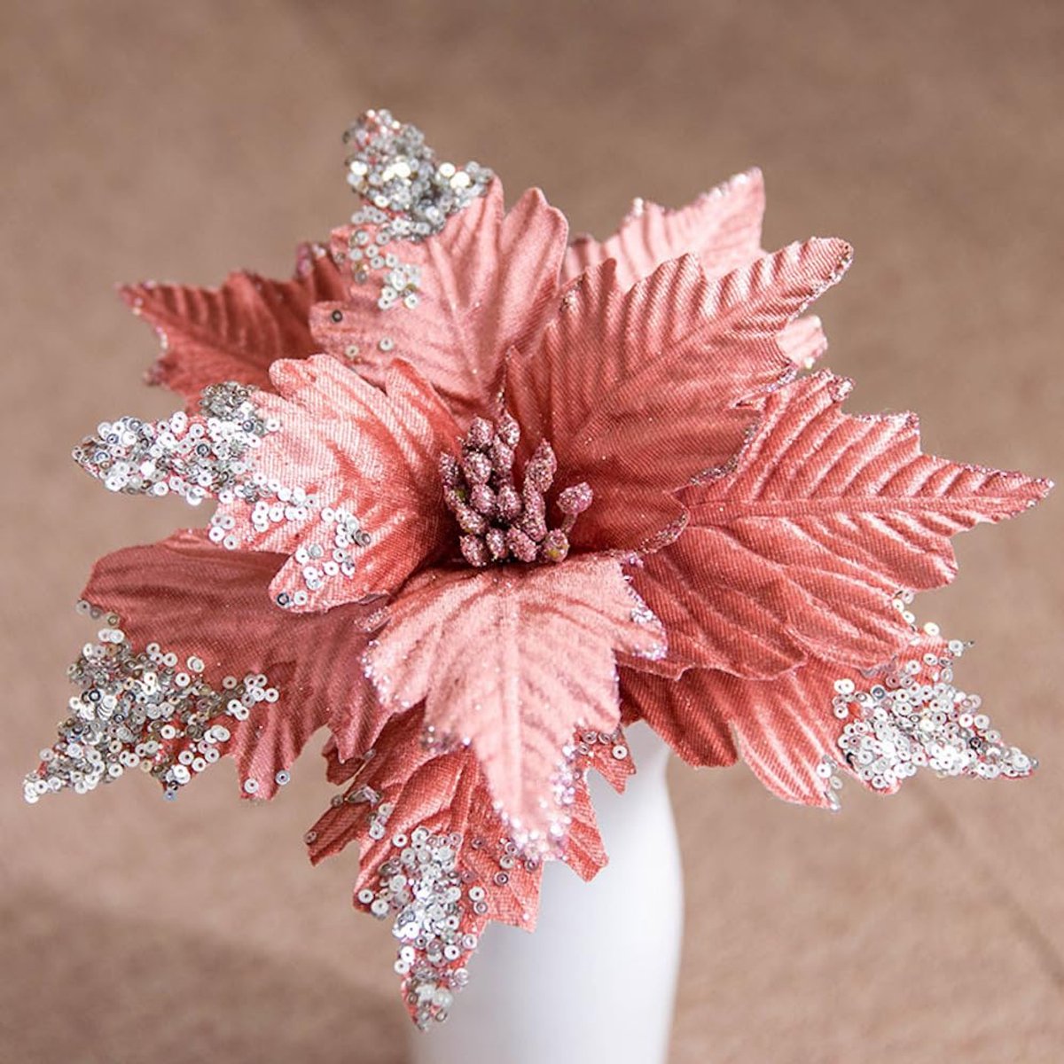 Pakket van 3 Glitters Poinsettia - Kunstbloemen voor Kerstdecoratie - Diameter 25 cm