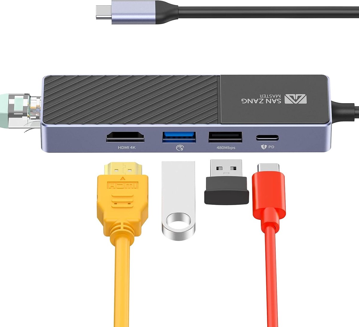 USB-C Hub met HDMI 4K, 60W PD en Ethernet voor Laptops