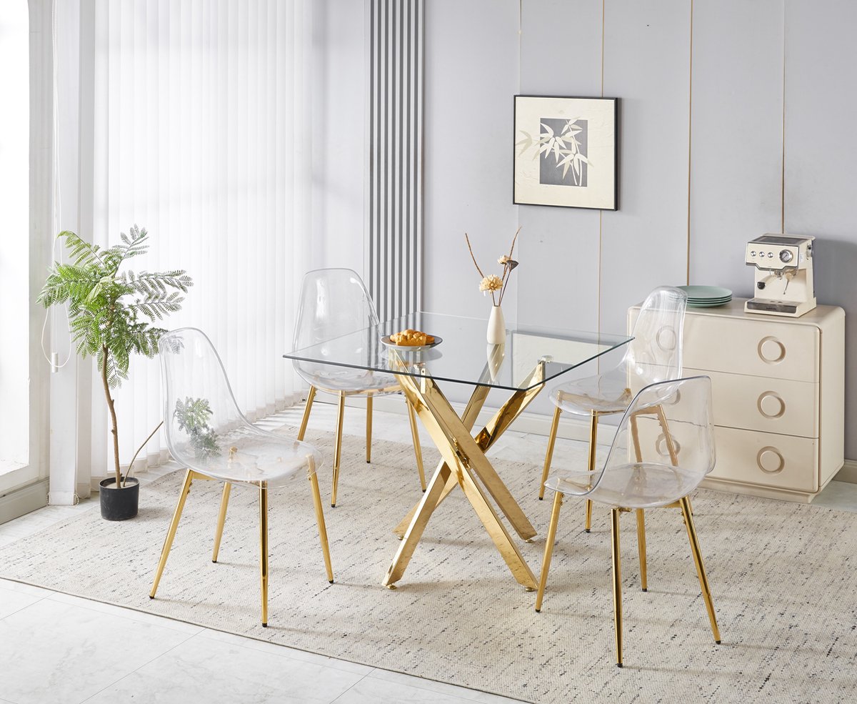 STILVORA Eetkamerset - Fluwelen Stoelen Met Hoge Rugleuning - 1 Tafel En 4 Stoelen Voor Eetkamer - Metaal - Goud Gouden