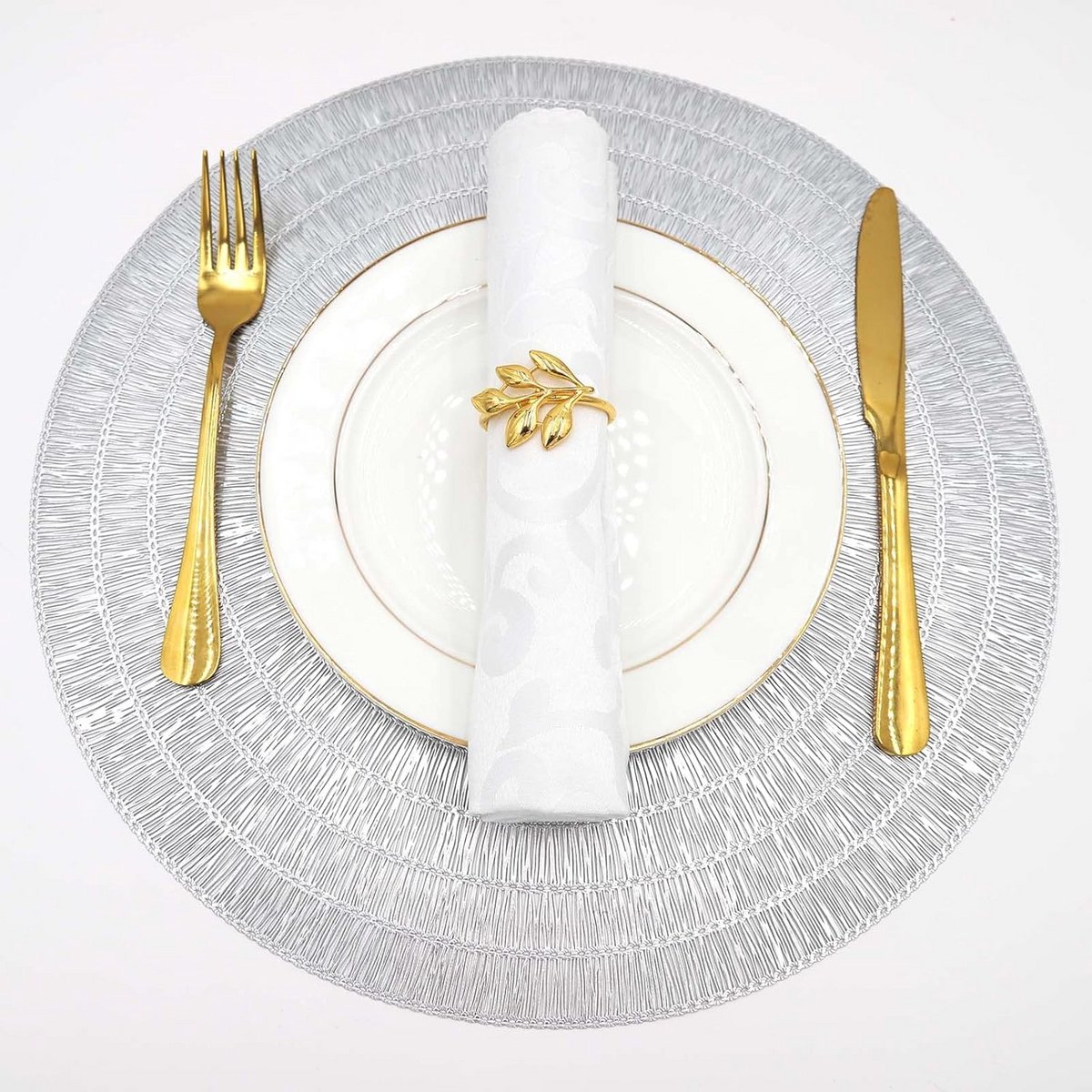 Set van 6 Ronde Zilveren Placemats - Metallic Geperst Tafelmatten voor Eettafel