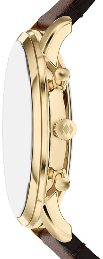 Zijaanzicht van een gouden Fossil horloge met bruine leren band en drukknoppen.