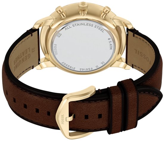 Gouden Fossil horloge met blauwe wijzerplaat en bruine leren band, achterkant zichtbaar.
