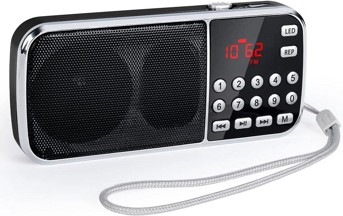 Draagbare FM Radio met Dubbele Luidspreker, Oplaadbaar, Zaklamp en MP3/Bluetooth Ondersteuning