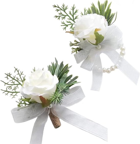 Foto: 2x witte bruiloft corsage set boutonniere voor bruidegom polsbloem voor dames