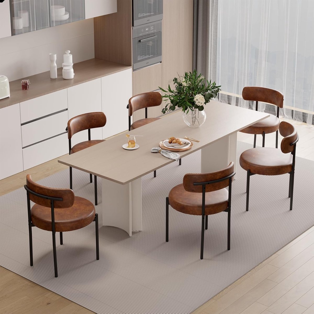 Eetkamerstoelen Set van 6 – 52 x 55 x 80 cm – Moderne Mid-Century Eetkamerstoelen met Houten Frame & Kunstleren Zitting – Ergonomische Keukenstoelen met Stevige Poten – Bruin – Abkantoor