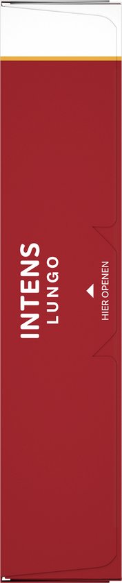 Zijkant van de rode verpakking van Douwe Egberts Lungo Intens koffiecups. Met openingsinstructie.
