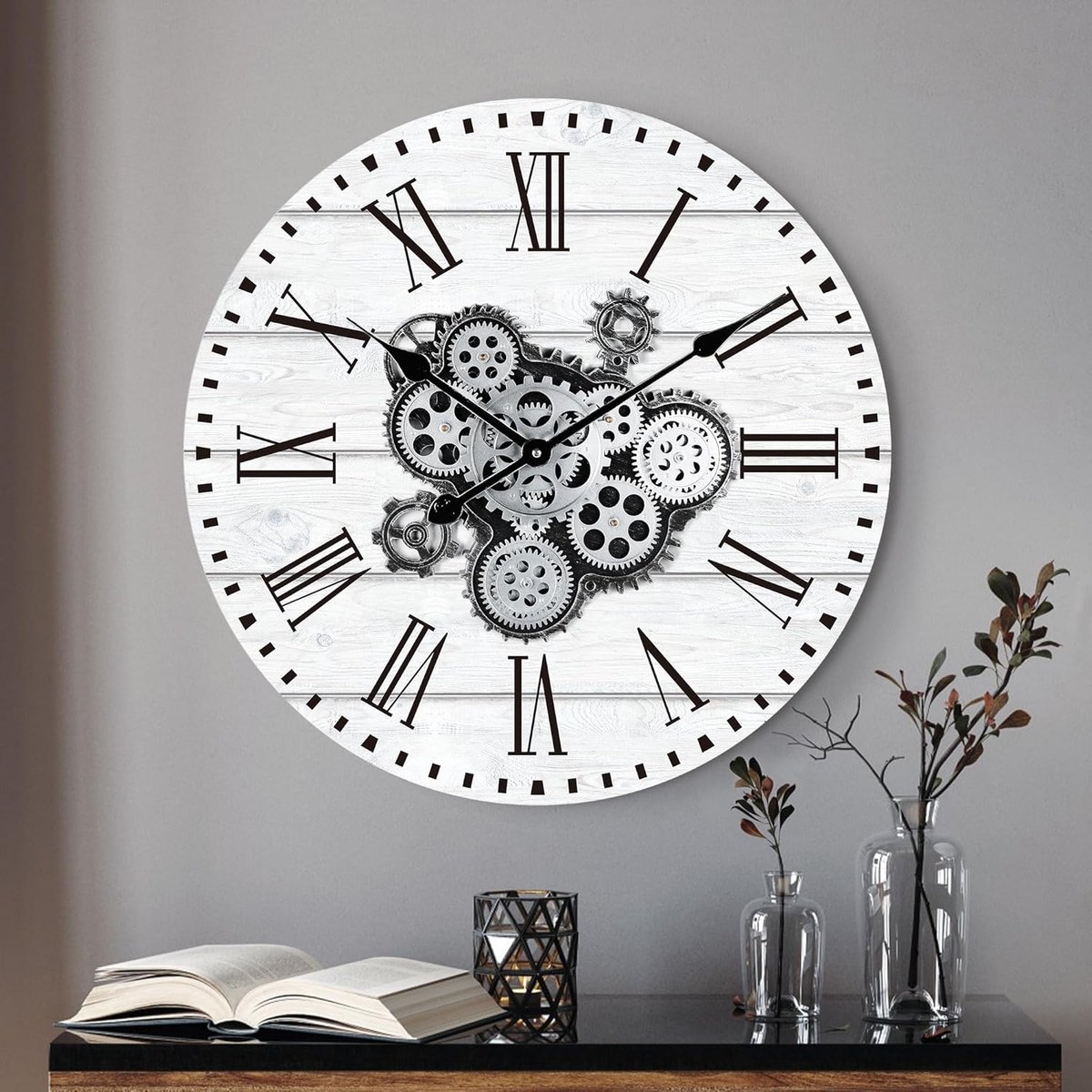 Grote Industriële Wandklok Wit met Draaiende Tandwielen Ø 57 cm Romeinse Cijfers Decoratie