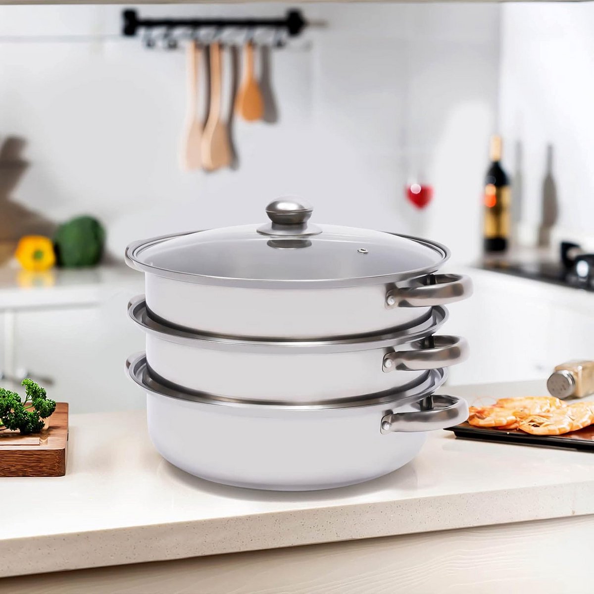 RVS Stoompan 3-Lagen - Multi-Sized Stomer voor Groenten, Vlees en Vis