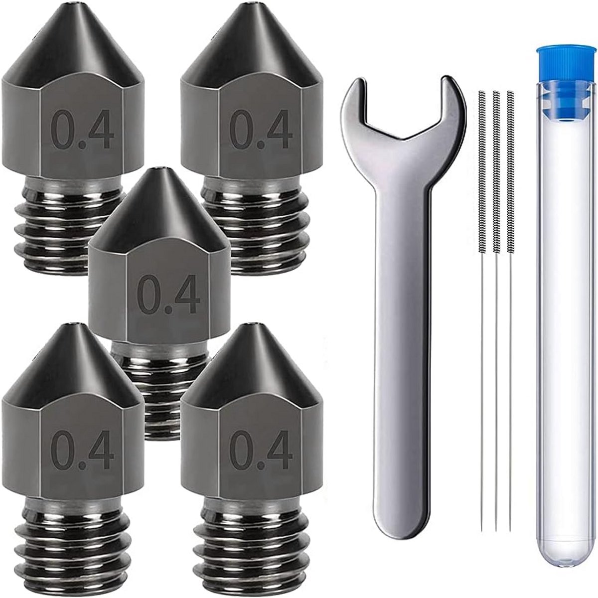 5x Gehard Stalen 0.4mm MK8 3D Printer Nozzles Extruder Set met Reinigingsnaalden