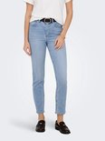 Blauwe denim jeans met rechte pijpen, hoge taille en riem met gouden gesp.