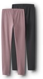 Twee leggings, één oudroze en één donkergrijs, met elastische tailleband.