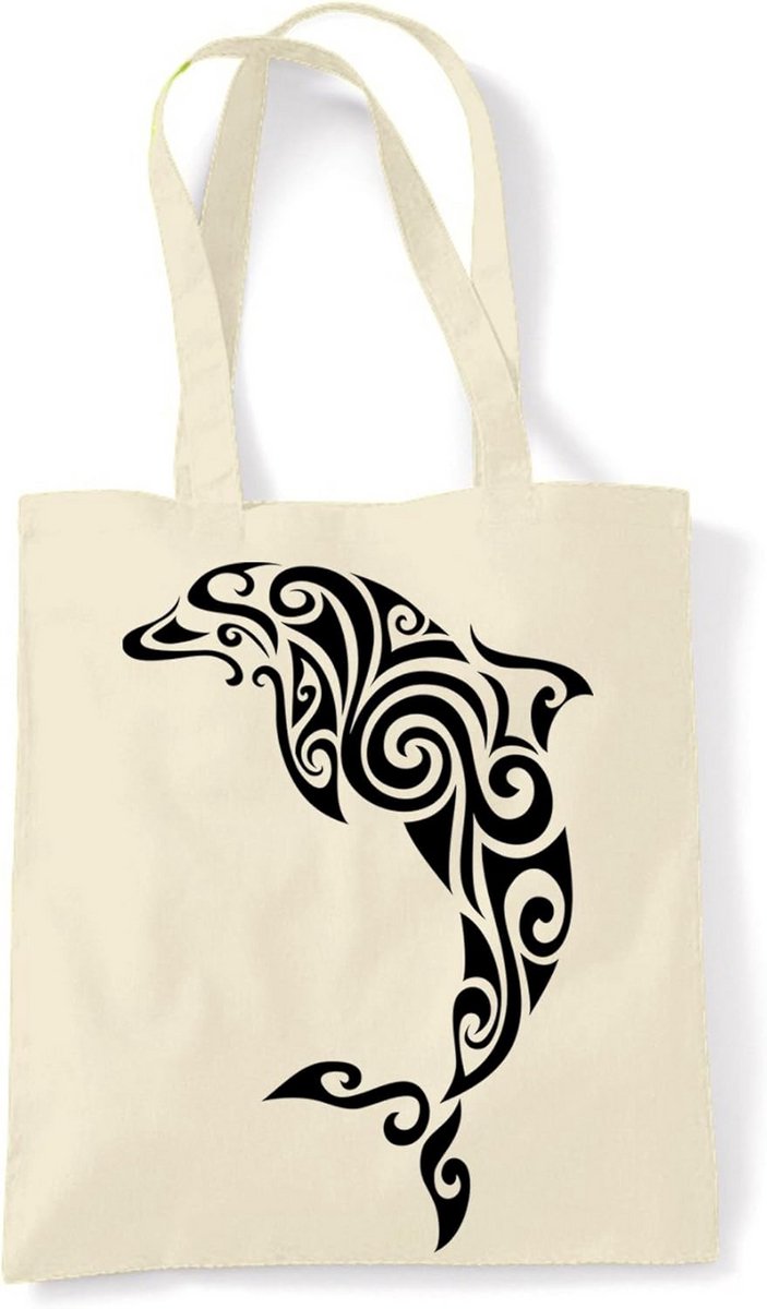 Grote Shopper Tas met Dolfijn en Tribal Print - 100% Katoen Strandtas