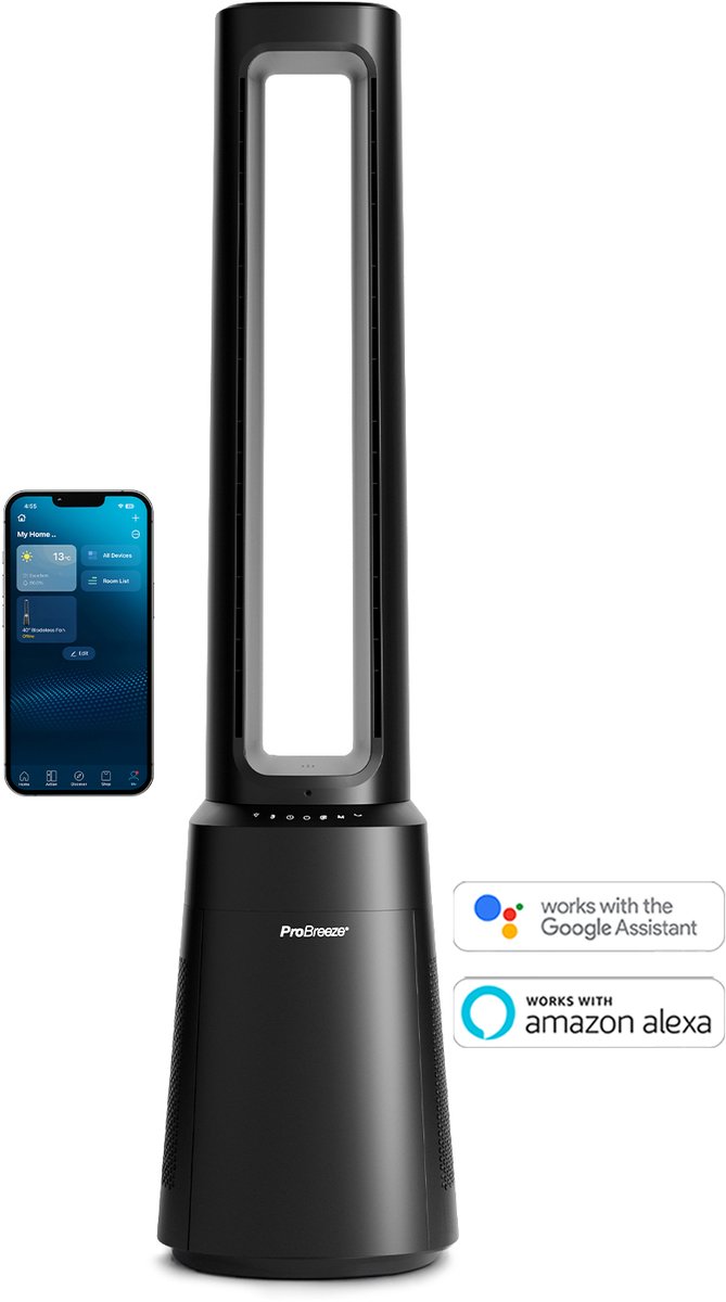 Pro Breeze OmniAir 41" premium bladloze torenventilator en luchtreiniger met slimme app-bediening - zwart