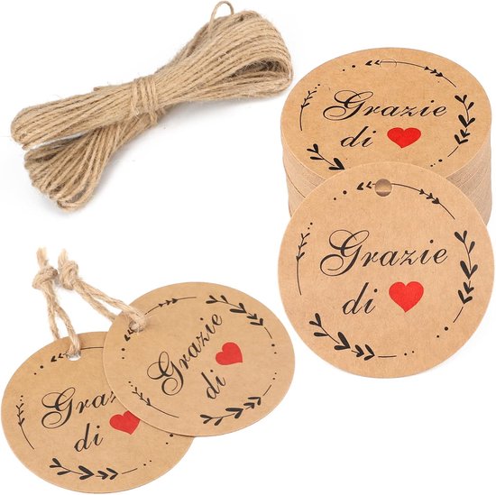 100 stuks bedanketiketten met hart - cadeauetiketten - krachtetiketten - 5 x 5 cm - rond - etiketten met koord voor doop - eerste communie - bruiloft van Merkloos	 — afbeelding 4