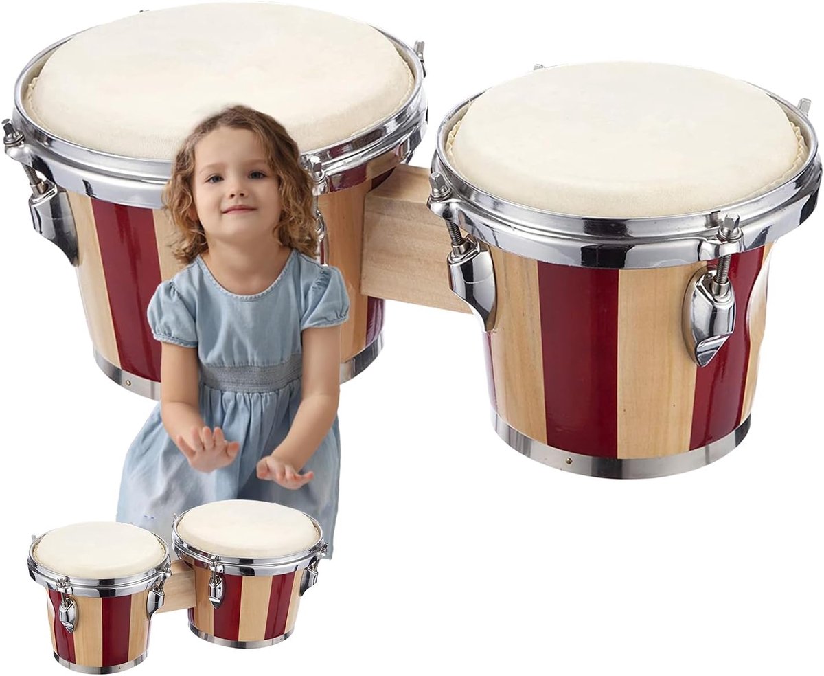 Bongo Trommels - Percussie Instrument - Muziek Maken - Mahonie Hout - 6 en 7 Inch - Rood Wit