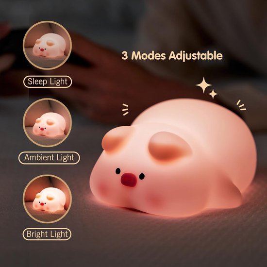 PolkaHome® Varken Nachtlampje Kinderen - Siliconen LED Nachtlamp Oplaadbaar & Dimbaar - Touch Bediening - Kawaii Kinderlamp voor Kinderkamer & Babykamer van Merkloos — afbeelding 3