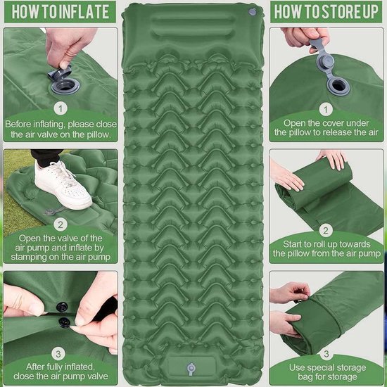Kampeer slaapmat - Luchtbed mat - Buiten slapen - Ingebouwde voetpomp - Compact opvouwbaar - Groen — afbeelding 3