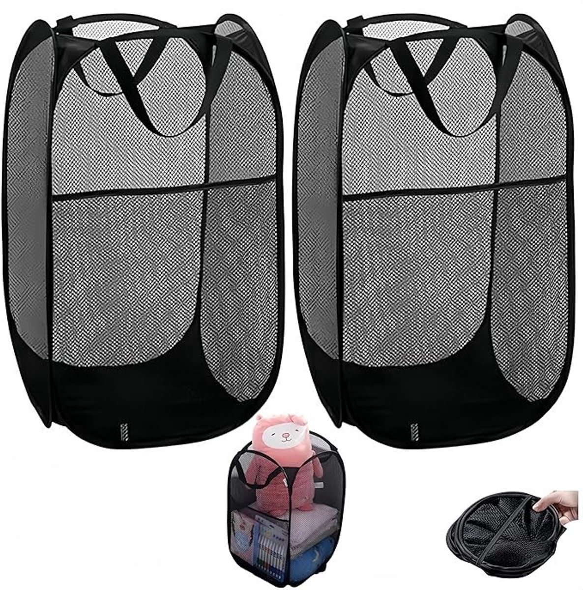Twee opvouwbare wasmanden met handvat - Draagbare opbergmand van mesh - Inklapbare pop-up design