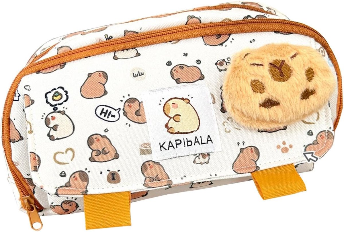 Etui met print - Pennenzak etui - Bureau organiseren - Vrolijk capybara design - 21x8x11 cm - Khaki