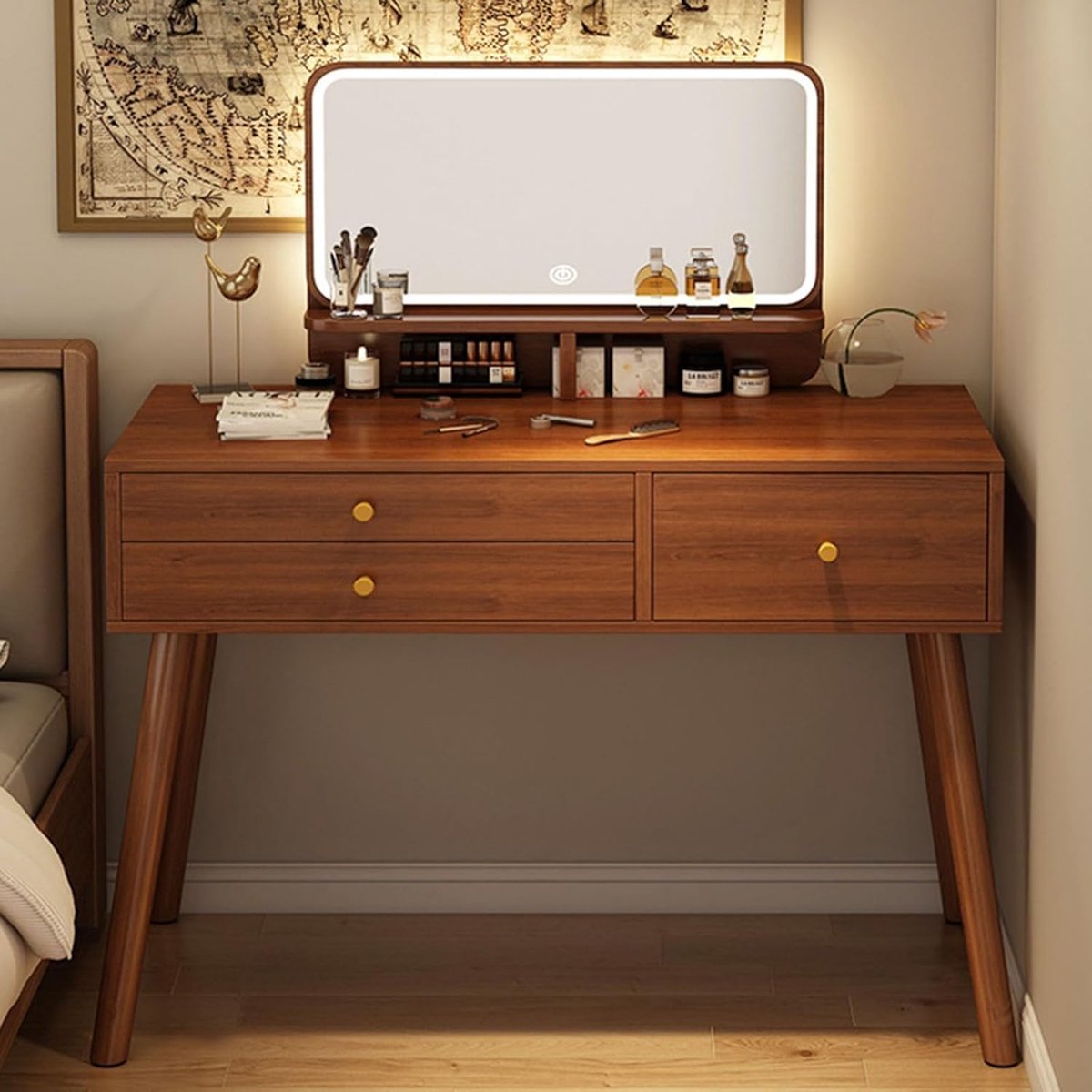 Kaptafel met Spiegel - Make-up Tafel Dressoir - Slaapkamer Inrichting - Verstelbare LED Verlichting - 80x40x135cm - Walnoot Design