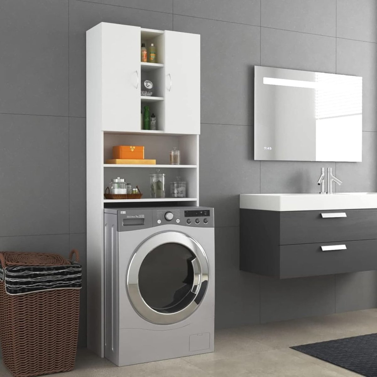 Wasmachinekast - Opbergkast Badkamer - Waskamer Organiseren - Veel Opbergvakken - 64 x 25.5 x 190 cm - Wit
