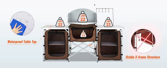 Opvouwbare Camping Keukentafel met Aluminium X-frame - Draagbaar Kookstation met Opbergruimte- BBQ & Picknick Tafelblad - MDF en Oxford Tas - Zwart — afbeelding 3