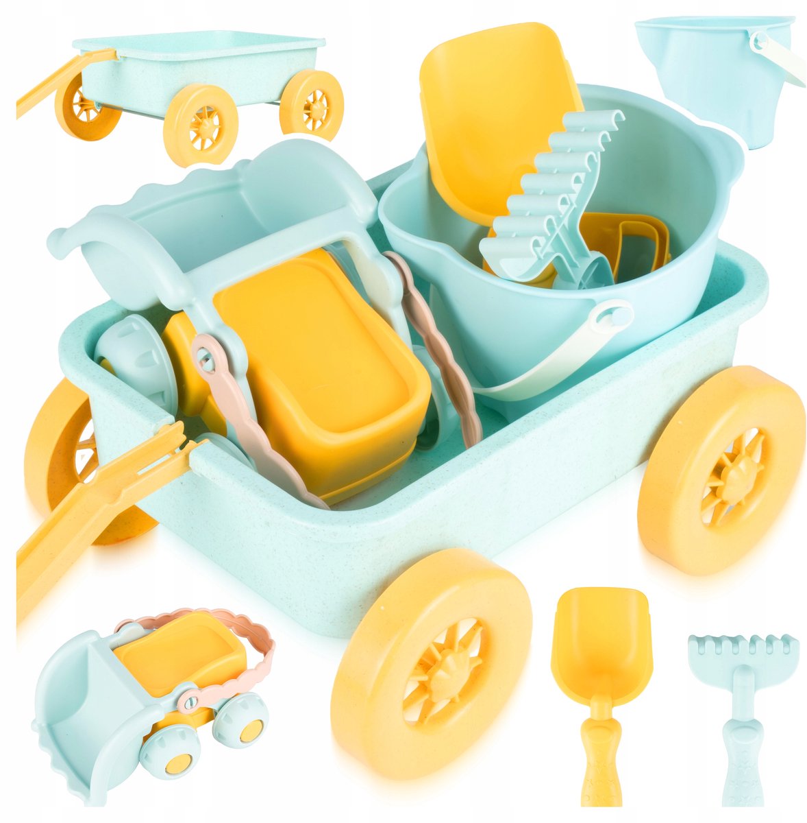 Playos® - Strandspeelgoed - Trolley - Lichtblauw - met Graafmachine - Shovel - Zandspeelgoed - Speelgoedvoertuig - Zandtrolley
