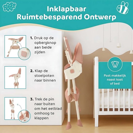 ComfyKidz® Inklapbare 4 in 1 Kinderstoel met Schommelfunctie - Met Voetensteun - Meegroeistoel met Opbergmand - 6 Maanden tot 5 Jaar - Peuterstoel - Baby Eetstoel met Wieltjes - Roze — afbeelding 4
