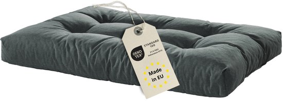 Donkergrijs palletkussen met label 'Made in EU' en 'OEKO-TEX'.