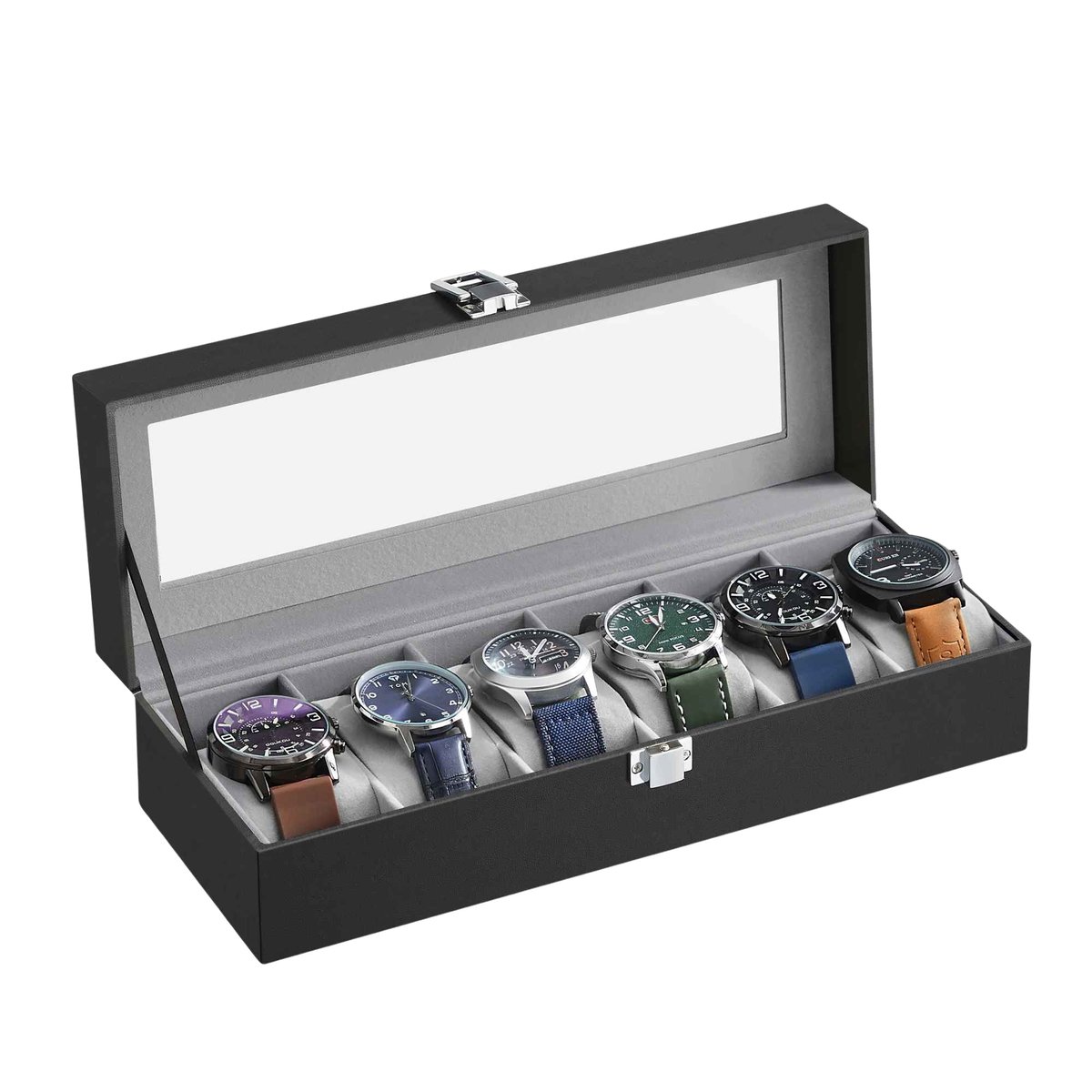 Horloge Box voor 6 Horloges met Glazen Deksel | Luxe Horloge Opbergdoos met Kussens | Horloge Organizer Case | Zwart