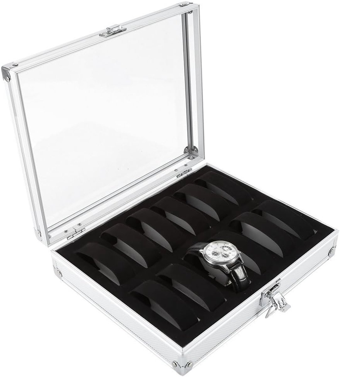 Horlogedoos Aluminium - Horloge Koffer - Horloge Opbergen - 12 Vakken - 30.5 x 11.5 x 6.5 cm - Zilverkleurig
