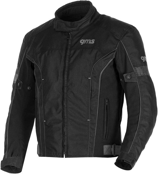 Zwarte GMS motorjas met grijze reflecterende accenten en ritssluiting. GMS-logo op de borst.