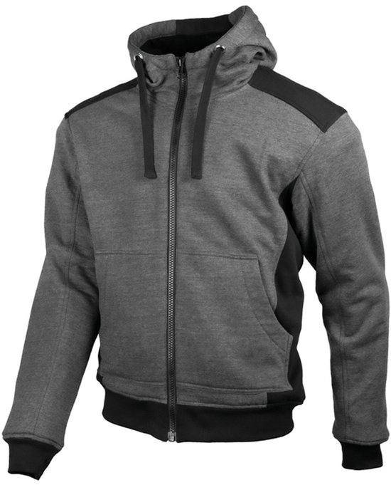 Grijze heren hoodie met zwarte accenten, capuchon en rits.
