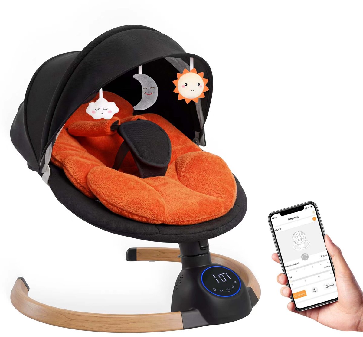 3Babies® Baby Swing – Elektrisch Wipstoel – Babyschommel – Elektrische Schommelstoel baby – Wasbare Bekleding – Afstandsbediening en App – Teddy Materiaal – Oranje en zwart - afbeelding 1